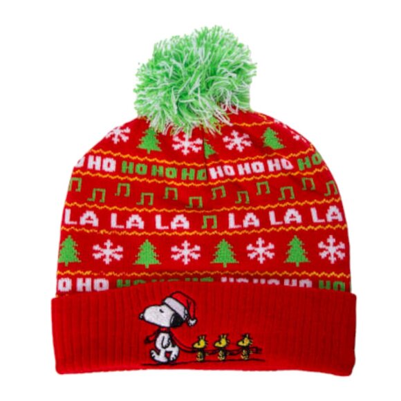 Peanuts Snoopy Christmas Pom Beanie Hat La La La One Size Holiday Cap NEW OSFM - Picture 1 of 2